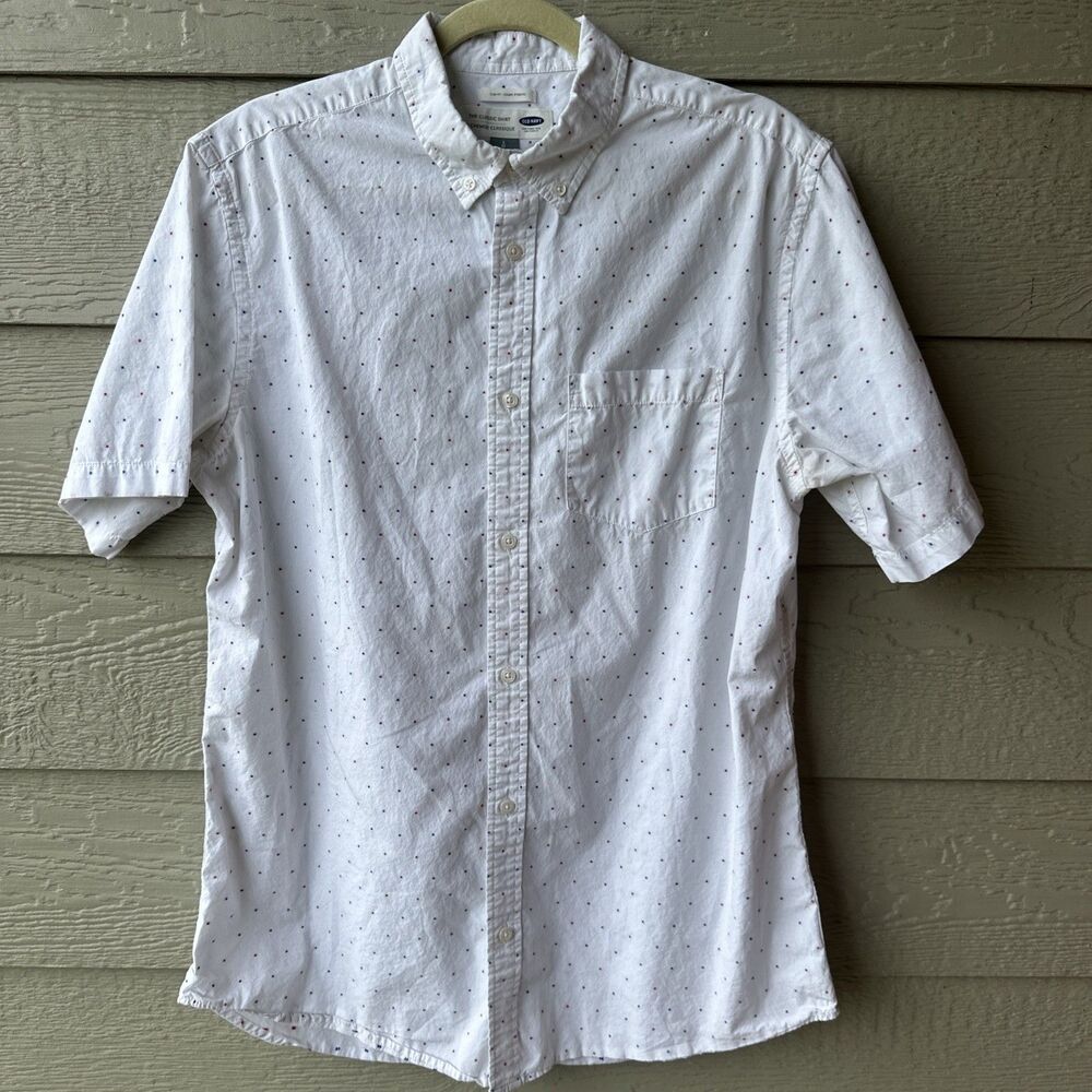 Old Navy Men’s Lrg Slim Fit Stretch Oxford Button Down Shirt White Geometric Dot